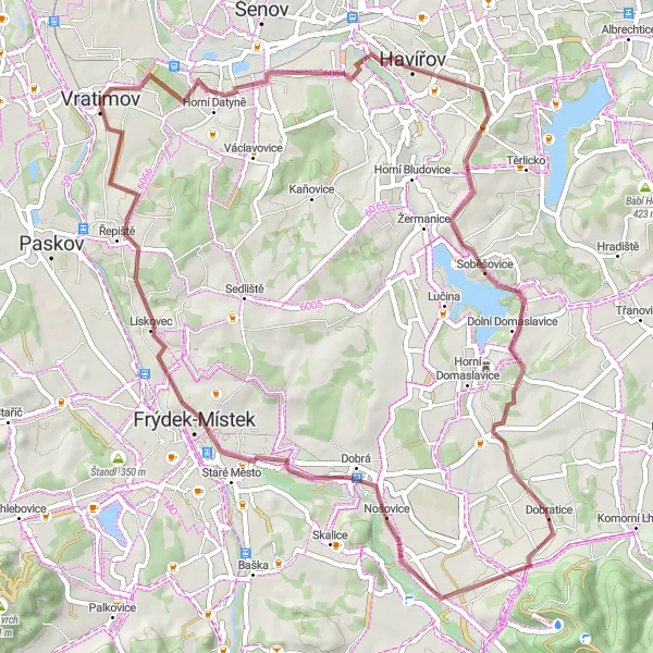 Miniaturní mapa "Gravel Tour around Vratimov" inspirace pro cyklisty v oblasti Moravskoslezsko, Czech Republic. Vytvořeno pomocí plánovače tras Tarmacs.app