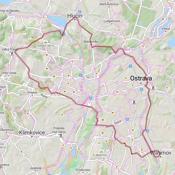 Map miniature of "Vratimov Gravel Adventure" cycling inspiration in Moravskoslezsko, Czech Republic. Generated by Tarmacs.app cycling route planner