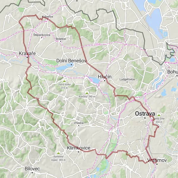Map miniature of "Discovering Odra River by Gravel" cycling inspiration in Moravskoslezsko, Czech Republic. Generated by Tarmacs.app cycling route planner