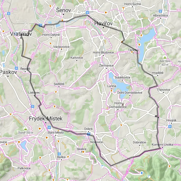 Miniaturní mapa "Road Cycling Adventure near Vratimov" inspirace pro cyklisty v oblasti Moravskoslezsko, Czech Republic. Vytvořeno pomocí plánovače tras Tarmacs.app