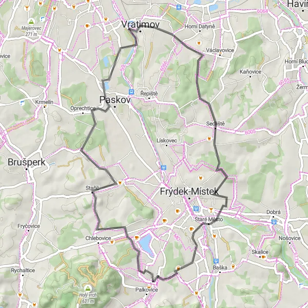 Map miniature of "Sedliště and Beyond" cycling inspiration in Moravskoslezsko, Czech Republic. Generated by Tarmacs.app cycling route planner