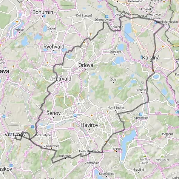 Map miniature of "Vratimov to Bludovice Loop" cycling inspiration in Moravskoslezsko, Czech Republic. Generated by Tarmacs.app cycling route planner