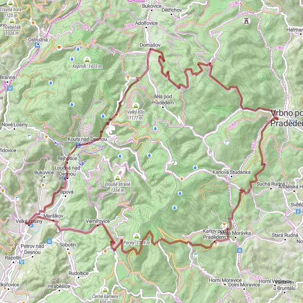 Miniaturní mapa "Adrenalinová cyklotrasa Ludvíkov - Domašov" inspirace pro cyklisty v oblasti Moravskoslezsko, Czech Republic. Vytvořeno pomocí plánovače tras Tarmacs.app