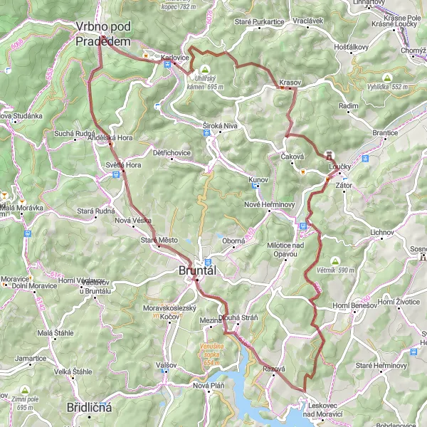 Miniaturní mapa "Okružní trasa Krasov - Andělská Hora" inspirace pro cyklisty v oblasti Moravskoslezsko, Czech Republic. Vytvořeno pomocí plánovače tras Tarmacs.app
