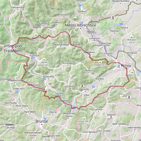 Miniatura mapy "Przejażdżka wśród górskich szczytów i dolin" - trasy rowerowej w Moravskoslezsko, Czech Republic. Wygenerowane przez planer tras rowerowych Tarmacs.app