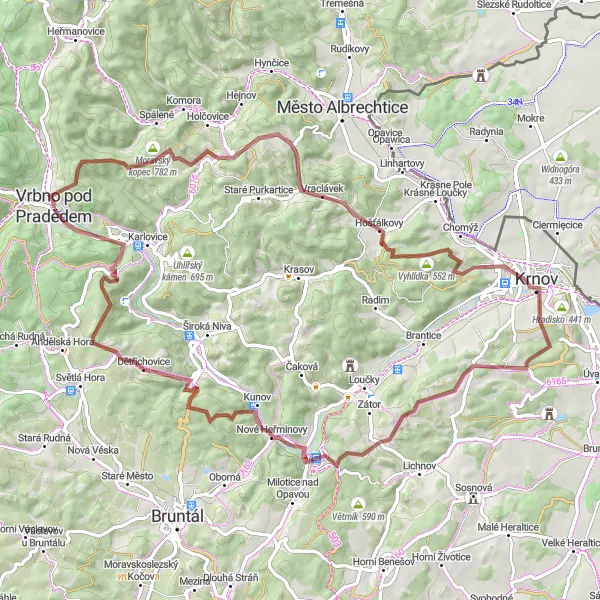 Map miniature of "Gravel Adventure" cycling inspiration in Moravskoslezsko, Czech Republic. Generated by Tarmacs.app cycling route planner