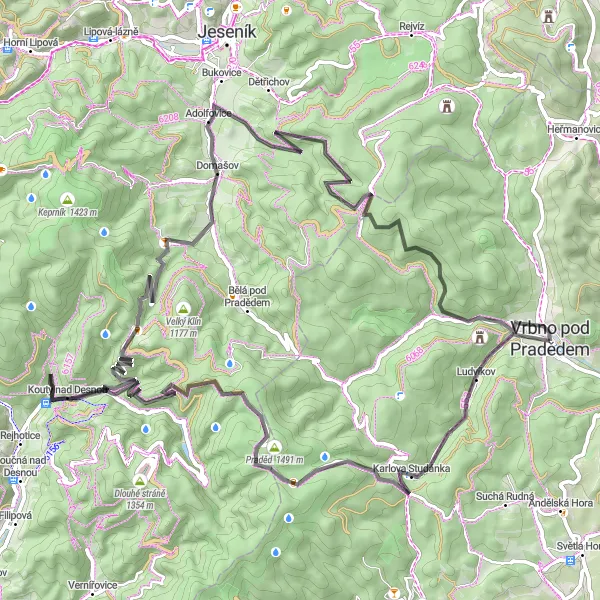 Map miniature of "Praděd Challenge" cycling inspiration in Moravskoslezsko, Czech Republic. Generated by Tarmacs.app cycling route planner