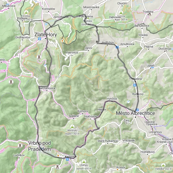 Miniaturní mapa "Krátká cesta do Karlovic a na Młyńskou Góru" inspirace pro cyklisty v oblasti Moravskoslezsko, Czech Republic. Vytvořeno pomocí plánovače tras Tarmacs.app