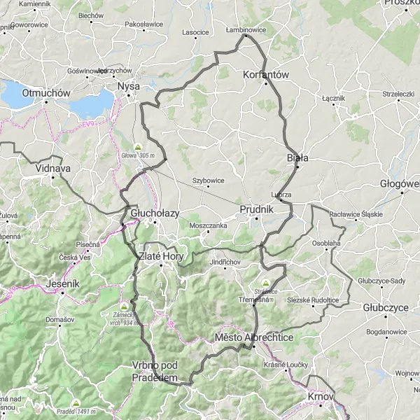 Map miniature of "Vrbno Loop" cycling inspiration in Moravskoslezsko, Czech Republic. Generated by Tarmacs.app cycling route planner