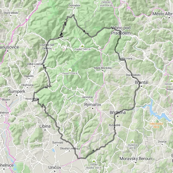 Mapa miniatúra "Výlet na bicykli s výhľadmi" cyklistická inšpirácia v Moravskoslezsko, Czech Republic. Vygenerované cyklistickým plánovačom trás Tarmacs.app