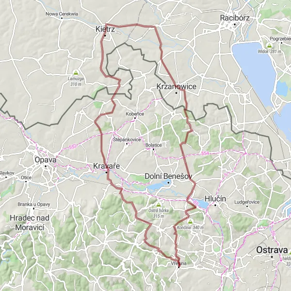 Miniaturní mapa "Gravel - Vřesina Circuit" inspirace pro cyklisty v oblasti Moravskoslezsko, Czech Republic. Vytvořeno pomocí plánovače tras Tarmacs.app