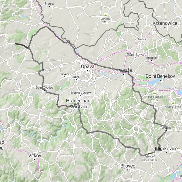 Miniaturní mapa "Okruh kolem Vřesiny a okolí" inspirace pro cyklisty v oblasti Moravskoslezsko, Czech Republic. Vytvořeno pomocí plánovače tras Tarmacs.app