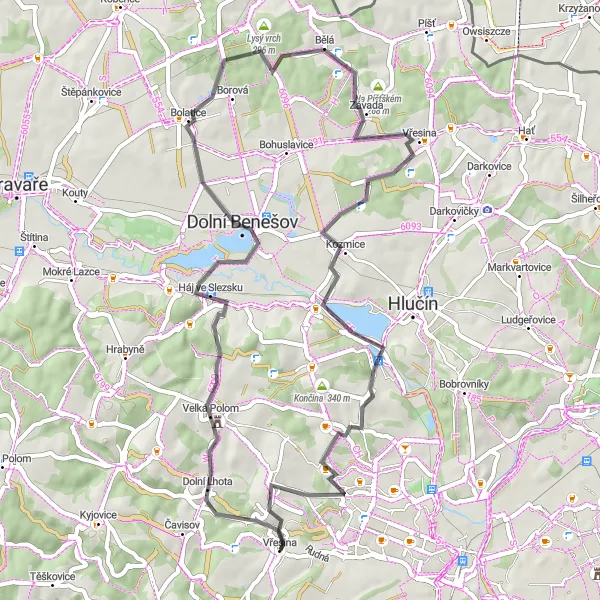 Map miniature of "Vřesina and Beyond" cycling inspiration in Moravskoslezsko, Czech Republic. Generated by Tarmacs.app cycling route planner