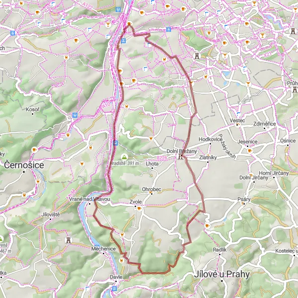 Miniaturní mapa "Gravelový okruh kolem Libuše" inspirace pro cyklisty v oblasti Praha, Czech Republic. Vytvořeno pomocí plánovače tras Tarmacs.app