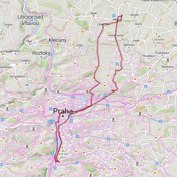 Mapa miniatúra "Gravelová trasa plná zážitkov" cyklistická inšpirácia v Praha, Czech Republic. Vygenerované cyklistickým plánovačom trás Tarmacs.app