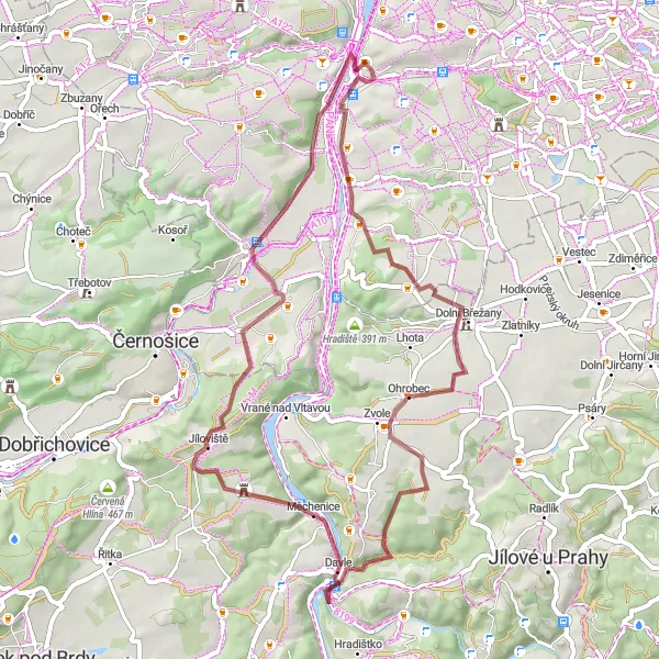 Miniatura mapy "Trasa Gravel Čihadlo" - trasy rowerowej w Praha, Czech Republic. Wygenerowane przez planer tras rowerowych Tarmacs.app