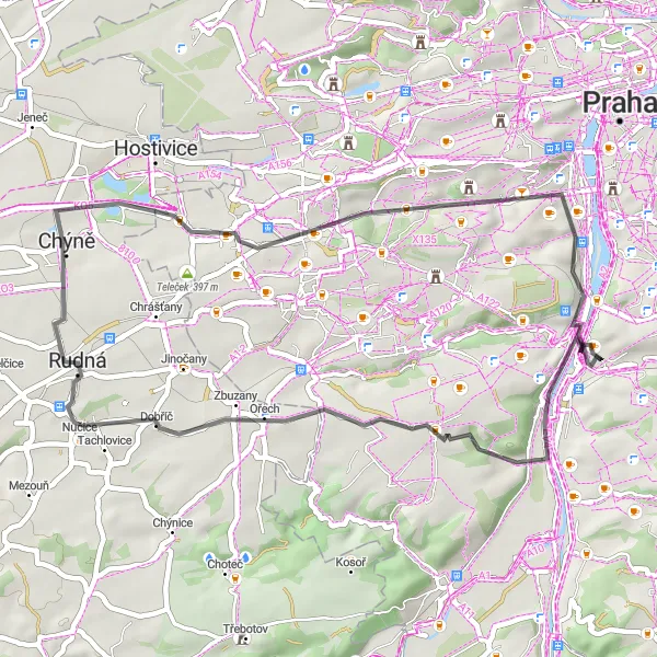 Map miniature of "Scenic Road Escape" cycling inspiration in Praha, Czech Republic. Generated by Tarmacs.app cycling route planner
