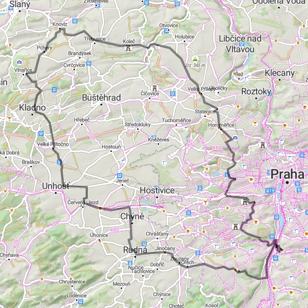 Miniaturní mapa "Cyklovýlet po okolí Prahy" inspirace pro cyklisty v oblasti Praha, Czech Republic. Vytvořeno pomocí plánovače tras Tarmacs.app