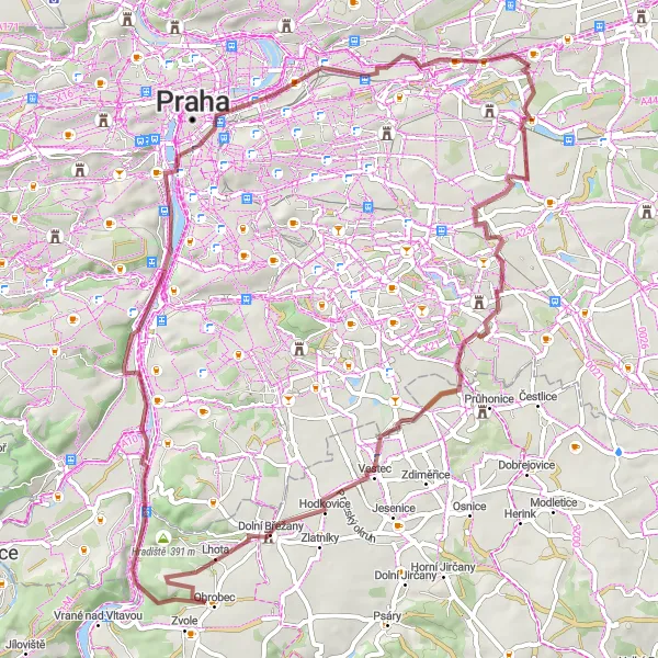 Map miniature of "Gravel Route to Dolní Počernice" cycling inspiration in Praha, Czech Republic. Generated by Tarmacs.app cycling route planner