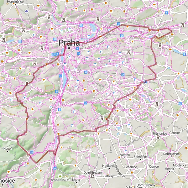 Miniaturní mapa "Gravelová okružní trasa kolem Černého Mostu" inspirace pro cyklisty v oblasti Praha, Czech Republic. Vytvořeno pomocí plánovače tras Tarmacs.app