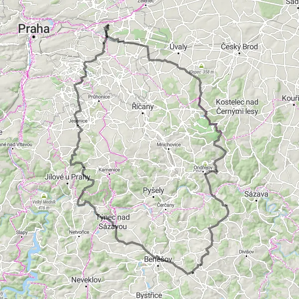 Map miniature of "Hills of Chocerady" cycling inspiration in Praha, Czech Republic. Generated by Tarmacs.app cycling route planner