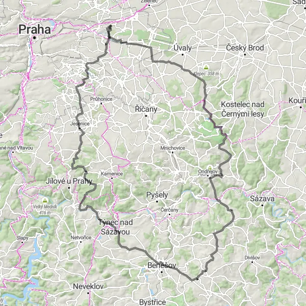 Mapa miniatúra "Okolo Prahy - Cestovanie Ponad Stromy" cyklistická inšpirácia v Praha, Czech Republic. Vygenerované cyklistickým plánovačom trás Tarmacs.app