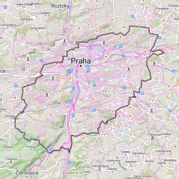 Miniatura mapy "Trasy rowerowe szosowe w okolicach Černego Mostu" - trasy rowerowej w Praha, Czech Republic. Wygenerowane przez planer tras rowerowych Tarmacs.app