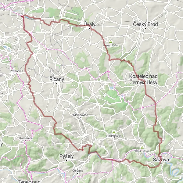 Map miniature of "Challenging Gravel Route to Vlkovec and Dubeč" cycling inspiration in Praha, Czech Republic. Generated by Tarmacs.app cycling route planner