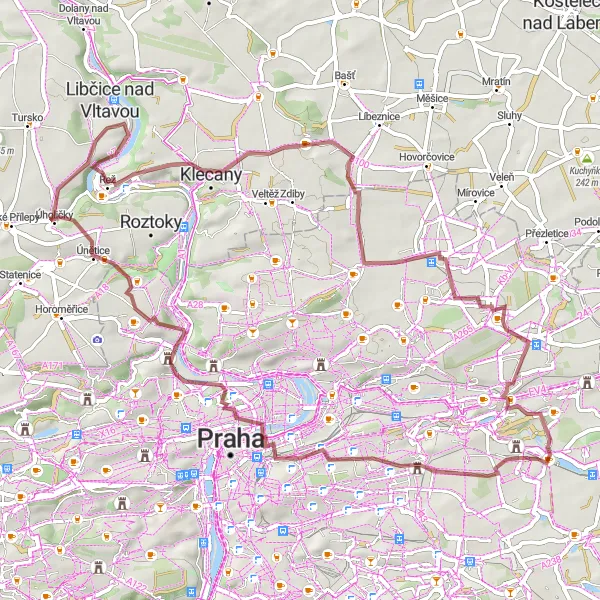 Miniaturní mapa "Gravel výlet s výhledy poblíž Dolních Počernic" inspirace pro cyklisty v oblasti Praha, Czech Republic. Vytvořeno pomocí plánovače tras Tarmacs.app