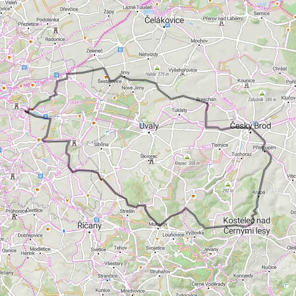 Mapa miniatúra "Cyklotrasa cez Břežany Ⅱ a Dolní Počernice" cyklistická inšpirácia v Praha, Czech Republic. Vygenerované cyklistickým plánovačom trás Tarmacs.app