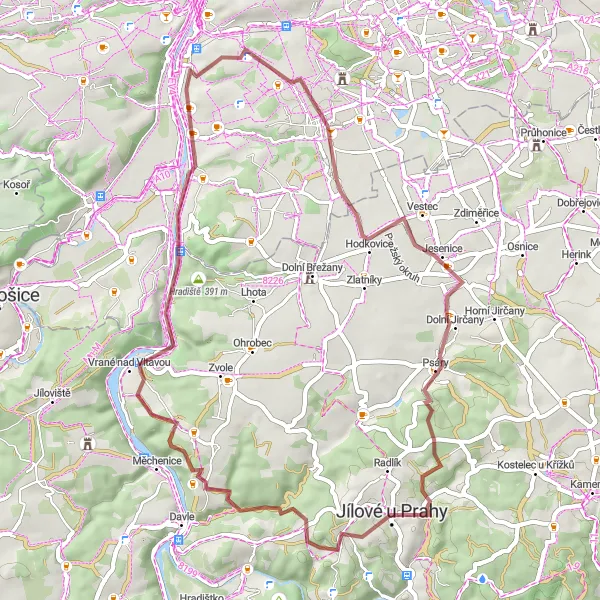 Karten-Miniaturansicht der Radinspiration "Graveltour von Hodkovičky nach Jílové u Prahy" in Praha, Czech Republic. Erstellt vom Tarmacs.app-Routenplaner für Radtouren