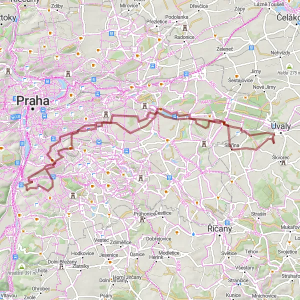 Miniaturní mapa "Vyjížďka kolem Prahy na štěrkových cestách" inspirace pro cyklisty v oblasti Praha, Czech Republic. Vytvořeno pomocí plánovače tras Tarmacs.app