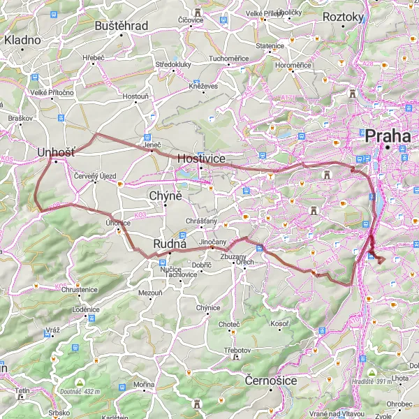 Mapa miniatúra "Gravelová trasa cez Drahelčice a Malivy" cyklistická inšpirácia v Praha, Czech Republic. Vygenerované cyklistickým plánovačom trás Tarmacs.app