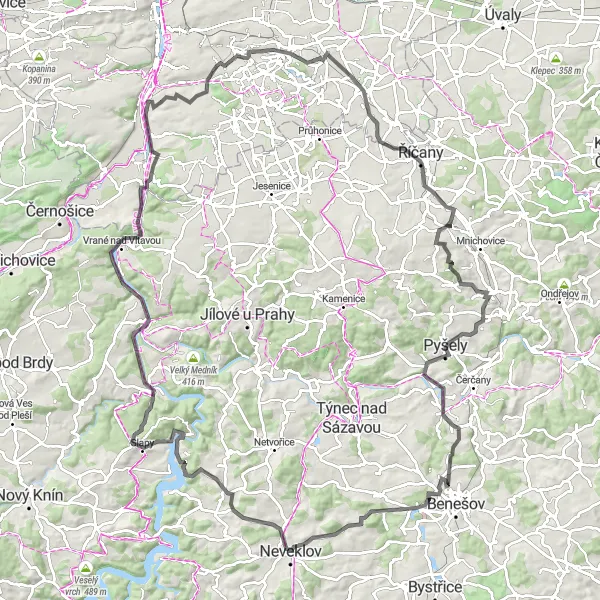 Karten-Miniaturansicht der Radinspiration "Rundfahrt von Hodkovičky nach Slapy" in Praha, Czech Republic. Erstellt vom Tarmacs.app-Routenplaner für Radtouren