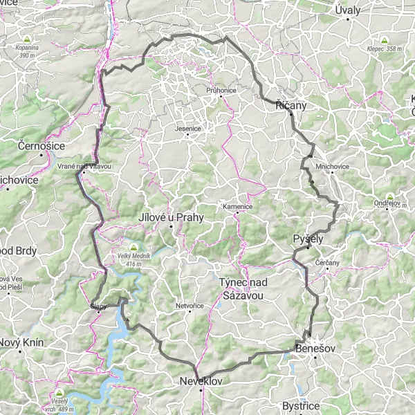 Mapa miniatúra "Okruh přes Braník, Pyšely a Slapy" cyklistická inšpirácia v Praha, Czech Republic. Vygenerované cyklistickým plánovačom trás Tarmacs.app