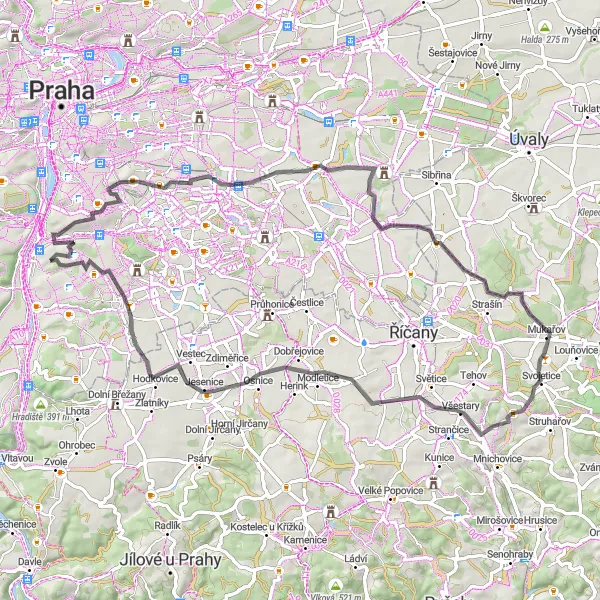 Karten-Miniaturansicht der Radinspiration "Historische Straßenrunde durch Mukařov und Dobřejovice" in Praha, Czech Republic. Erstellt vom Tarmacs.app-Routenplaner für Radtouren