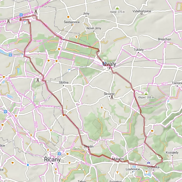 Miniaturní mapa "Gravelová dobrodružství kolem Úval" inspirace pro cyklisty v oblasti Praha, Czech Republic. Vytvořeno pomocí plánovače tras Tarmacs.app