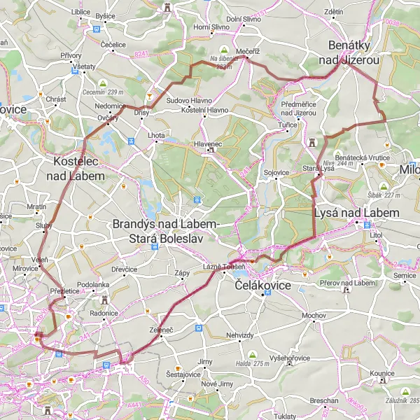 Map miniature of "Kbely to Zlatý Kopec Gravel Route" cycling inspiration in Praha, Czech Republic. Generated by Tarmacs.app cycling route planner