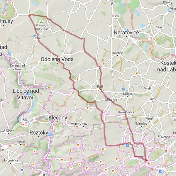 Mapa miniatúra "Gravel cyklotrasa Kbely - Třeboradice" cyklistická inšpirácia v Praha, Czech Republic. Vygenerované cyklistickým plánovačom trás Tarmacs.app