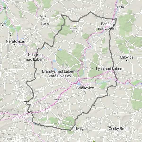 Mapa miniatúra "Okolo Prahy a Kbely" cyklistická inšpirácia v Praha, Czech Republic. Vygenerované cyklistickým plánovačom trás Tarmacs.app