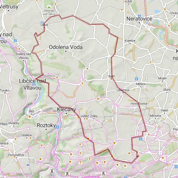 Miniaturní mapa "Gravelová cyklotrasa přes Střížkov, Vyšehradskou skálu a Úžice" inspirace pro cyklisty v oblasti Praha, Czech Republic. Vytvořeno pomocí plánovače tras Tarmacs.app