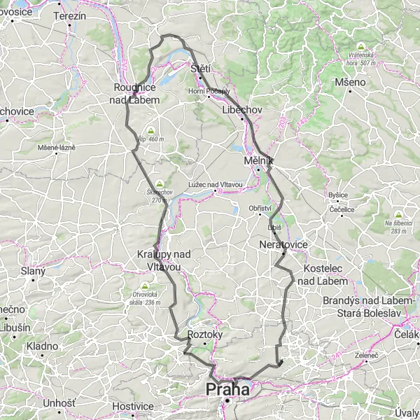 Miniaturní mapa "Cyklistická trasa Bílá skála - Kojetice" inspirace pro cyklisty v oblasti Praha, Czech Republic. Vytvořeno pomocí plánovače tras Tarmacs.app