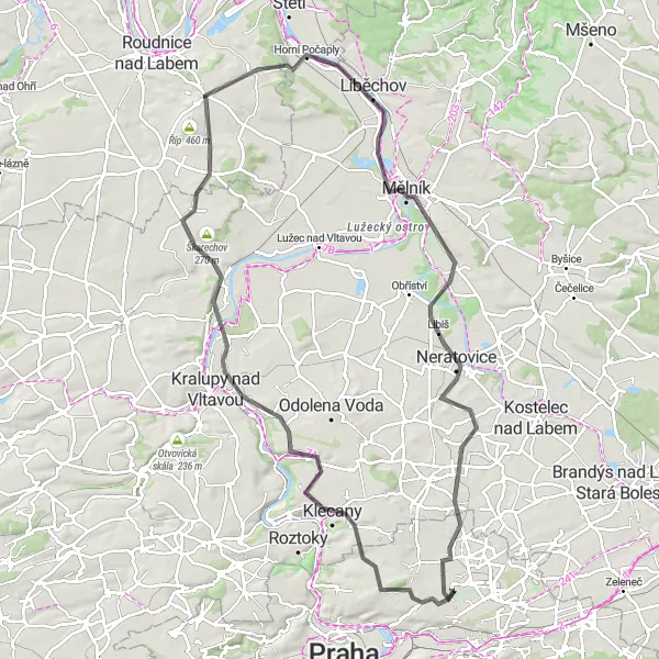 Miniaturní mapa "Významná trasa přes Dolany nad Vltavou, Liběchov a Pražskou bránu" inspirace pro cyklisty v oblasti Praha, Czech Republic. Vytvořeno pomocí plánovače tras Tarmacs.app