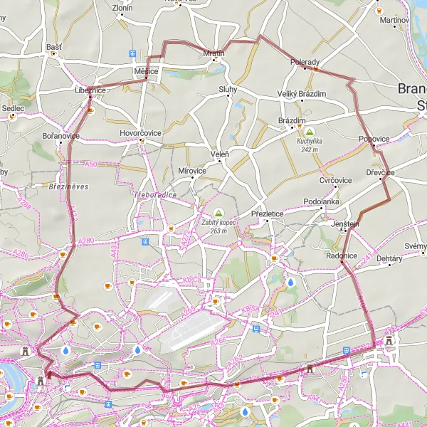 Miniaturní mapa "Gravel Okrouhlík a Popovice" inspirace pro cyklisty v oblasti Praha, Czech Republic. Vytvořeno pomocí plánovače tras Tarmacs.app