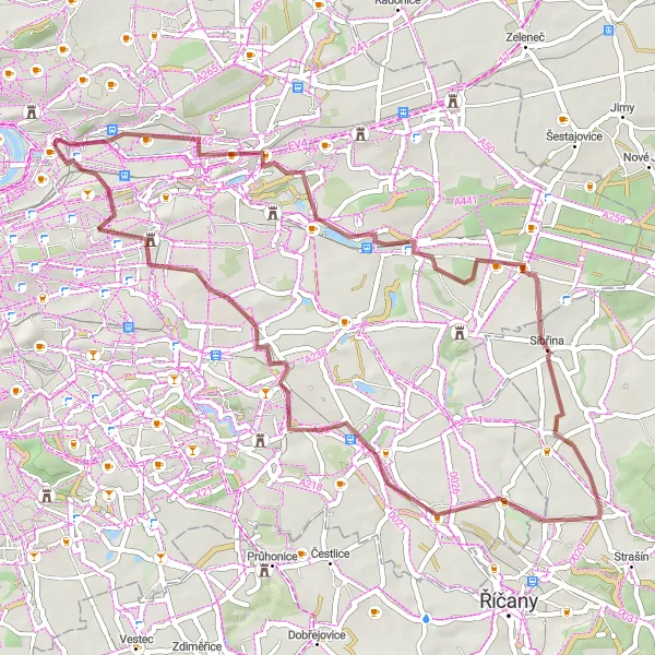 Mapa miniatúra "Gravel cyklotrasa cez Cihelna v Bažantnici" cyklistická inšpirácia v Praha, Czech Republic. Vygenerované cyklistickým plánovačom trás Tarmacs.app