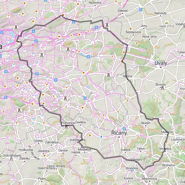 Mapa miniatúra "Okružná cyklotrasa cez Vyhlídku Emy Destinnové" cyklistická inšpirácia v Praha, Czech Republic. Vygenerované cyklistickým plánovačom trás Tarmacs.app