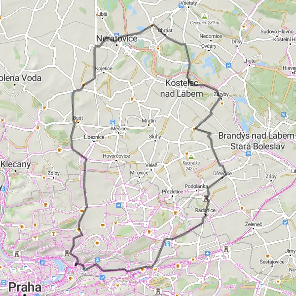 Miniaturní mapa "Road Okrouhlík a Satalice" inspirace pro cyklisty v oblasti Praha, Czech Republic. Vytvořeno pomocí plánovače tras Tarmacs.app