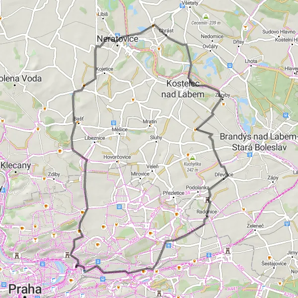 Mapa miniatúra "Cyklistická trasa Libeň - okruh přes okolní vesnice" cyklistická inšpirácia v Praha, Czech Republic. Vygenerované cyklistickým plánovačom trás Tarmacs.app