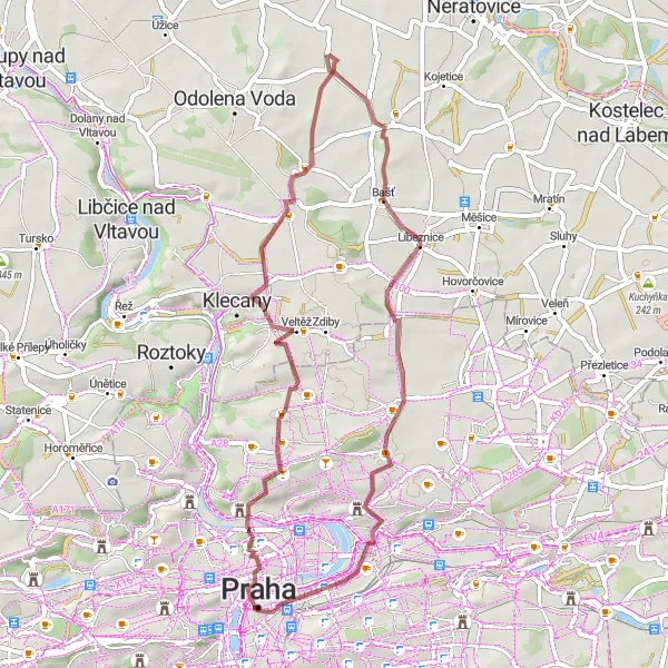 Miniaturní mapa "Gravelová cyklistická trasa přes malebné vesnice" inspirace pro cyklisty v oblasti Praha, Czech Republic. Vytvořeno pomocí plánovače tras Tarmacs.app