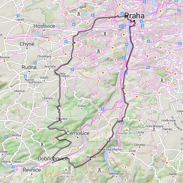 Mapa miniatúra "Cyklistická cesta kolem Prahy 1" cyklistická inšpirácia v Praha, Czech Republic. Vygenerované cyklistickým plánovačom trás Tarmacs.app